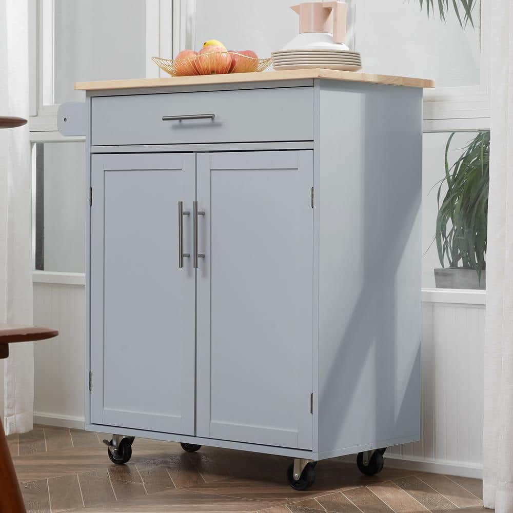Grey Wood Rolling Kitchen Cart with Storage and Towel Rack