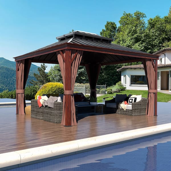 12 ft. W x 10 ft. D Wood Grain Aluminum Hardtop Gazebo Double Roof with Curtains and Textilene Netting