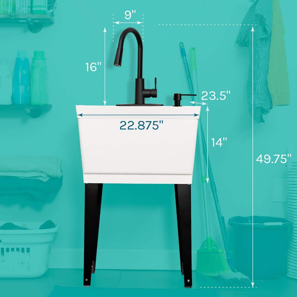 White Freestanding Utility Sink with Black High-Arc Faucet