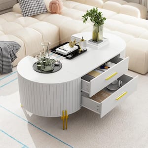 White Modern Luxury Fluted Coffee Table, 47.2 in. Oval Coffee Table with 2 Drawers, Center Table for Living Room