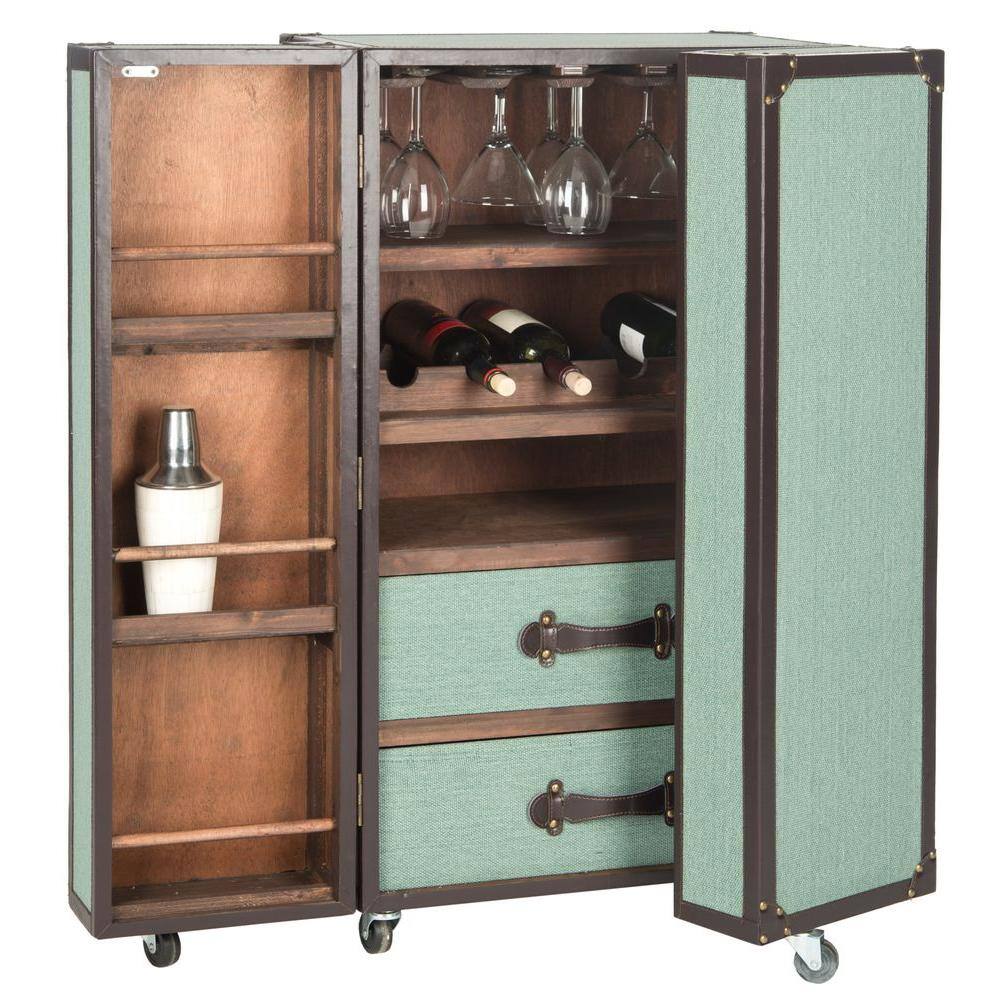 Sage Linen and Vegan Leather Industrial Beverage Cabinet