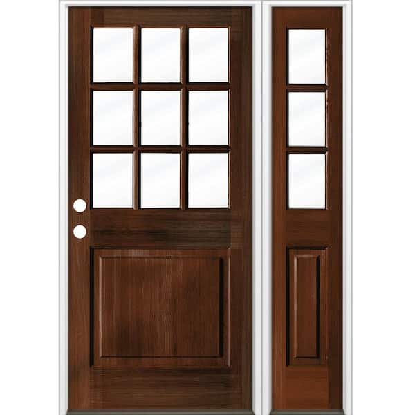 Krosswood Doors 50 in. x 80 in. Farmhouse 9-Lite Clear Glass Right-Hand Red Mahogany Stain Hemlock Wood Prehung Front Door w/ RSL