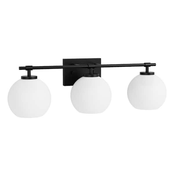 Emeritpro 25.4 in. 3 Light Black Vanity Light with Milky White Globe Shade and Trumpet Sockets for Bathroom Mirror E26 Base