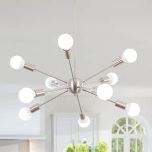 10-Light Nickel Linear Sputnik Chandelier for Living Room Kitchen Island with No Bulbs Included