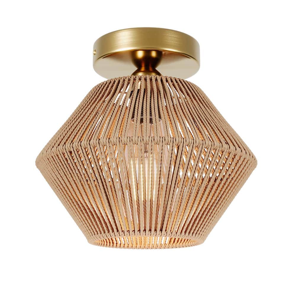 9.84 in. 1-Light Woven Rattan Semi-Flush Mount Hand-Worked Cage Shade Natur