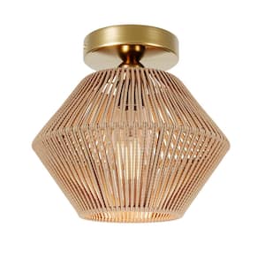 9.84 in. 1-Light Woven Rattan Semi-Flush Mount Hand-Worked Cage Shade Natural Ceiling Light Fixtures