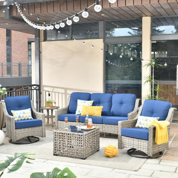 Verona Grey 5-Piece Wicker Modern Outdoor Patio Conversation Sofa Seating Set with Swivel Chairs and Navy Blue Cushions