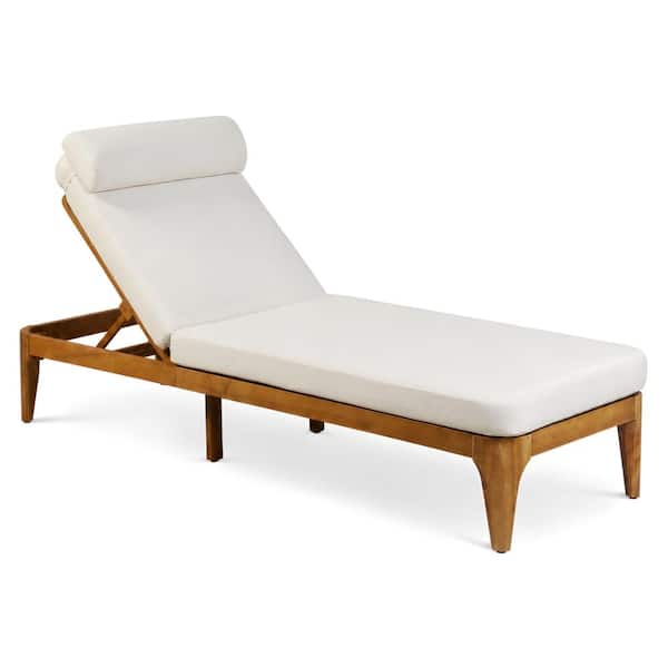 Acacia Wood Chaise Lounge Set of 2 with 4-Position Adjustable Backrest and Head Pillow, Beige