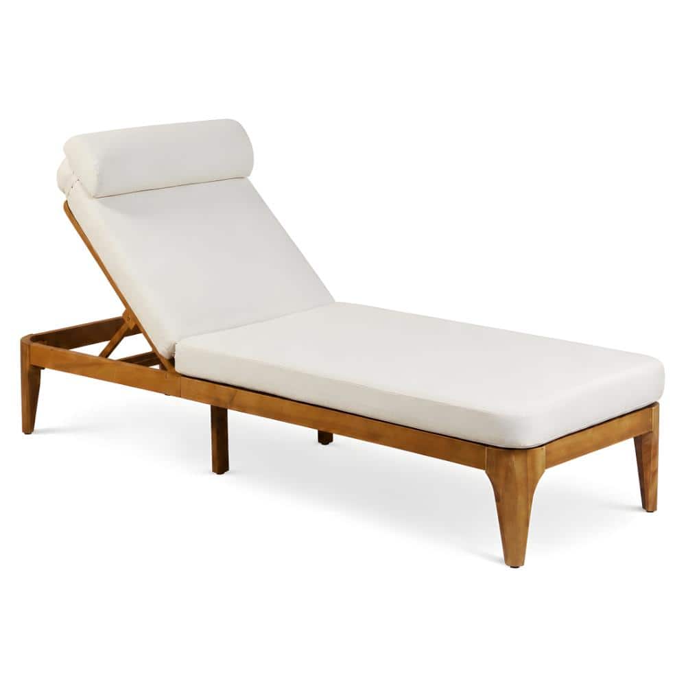 Acacia Wood Outdoor Chaise Loung Chair with Beige Cushion and Adjustable Backrest and Head Pillow