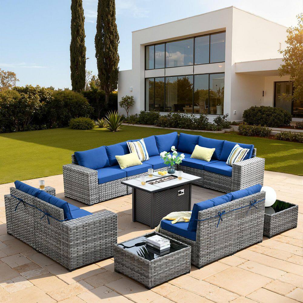 Baldwin Gray 13-Piece Wicker Wide Arm Outdoor Patio Sofa Sectional Set with Metal Fire Pit and Navy Blue Cushions price history on PriceWatchPro