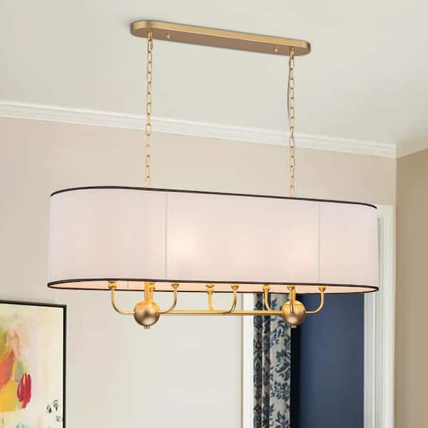 8 Light Gold Metal Linear Chandelier Adjustable Modern Industrial Pendant Light for Living Room With White Fabric Shade