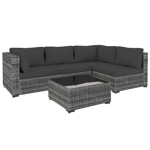 PATIOGUARDER 5-Piece Gray Wicker Patio Conversation Set with Dark Gray Cushions and Coffee Table