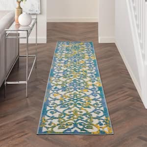 Aloha Ivory Blue 2 ft. x 12 ft. Kitchen Runner Floral Contemporary Indoor/Outdoor Patio Area Rug