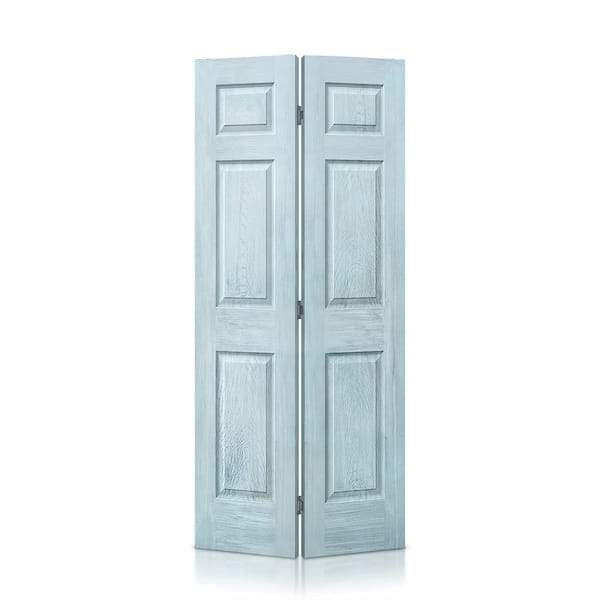 CALHOME 24 in. x 80 in. Vintage Denim Blue Stain 6 Panel MDF Composite Bi-Fold Closet Door with Hardware Kit