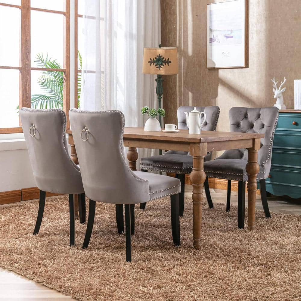 Gray Velvet Upholstered High Back Parsons Side Chairs with Wood Legs, Set of 4