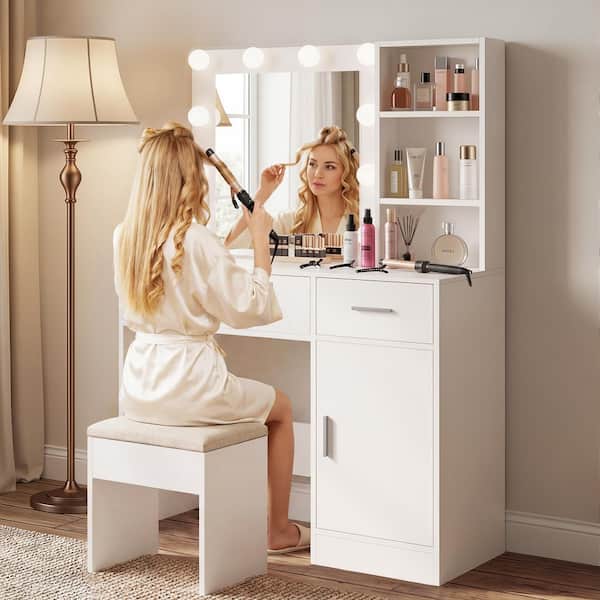 white colour dressing table table, mirror and LED light, 5-drawer dressing table, movable and hidden mirror, 3-color mode touch screen - Bed Bath & Beyond you can effortlessly store any of your beauty supplies and daily necessities Luxury Modern Bespoke Style Carving