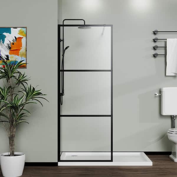 34" W X 72" H Framed Black Grid Walk-in Shower Door with 3 Panels in Black