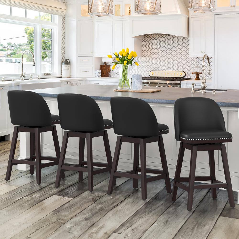 26" Black Faux Leather Swivel Counter Stools with Dark Wood Legs, Set of 3