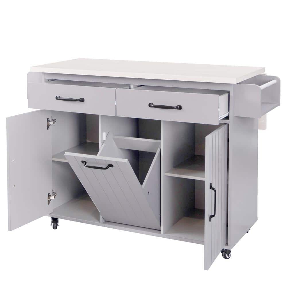 Gray Wood 43.8 in. Kitchen Island on Wheels with Drop Leaf, Drawers and Adj