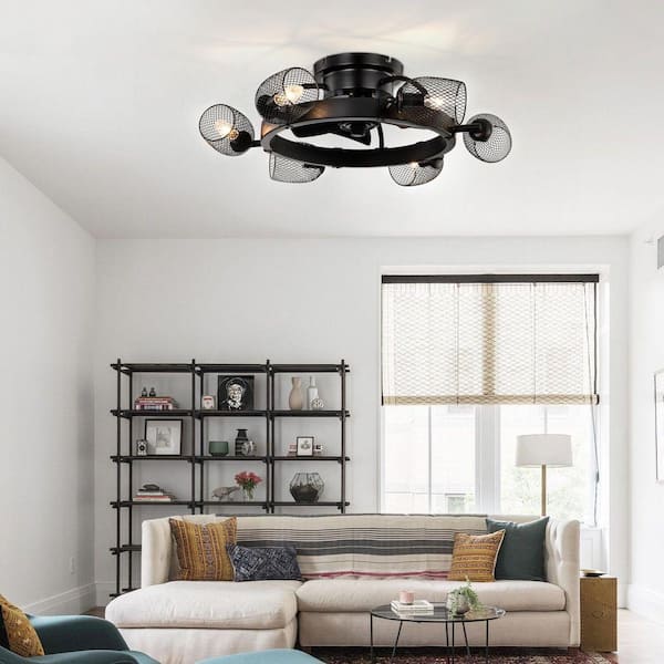 26 in. 6-Light Low Profile Caged Black Indoor/Outdoor Flush Mount Ceiling Fan with Light and Remote control