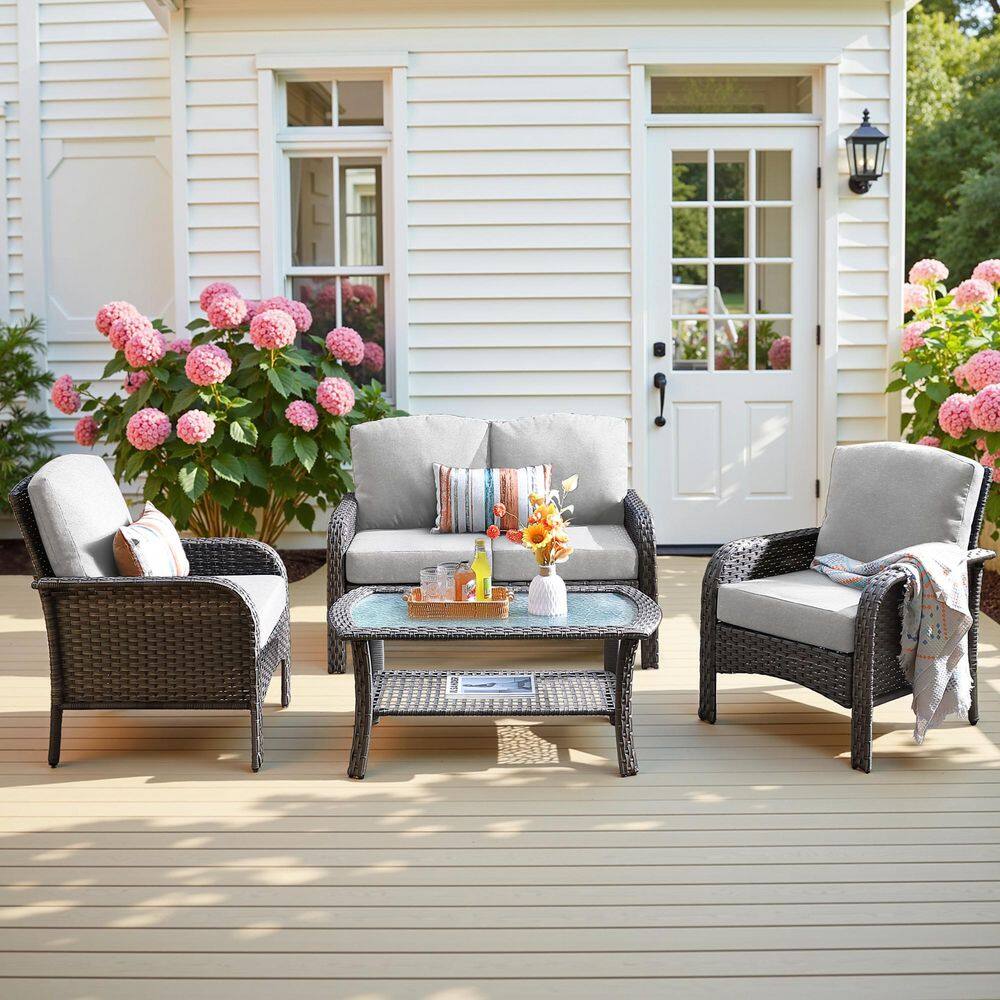 Ada Gray 4-Piece Wicker Outdoor Lounge Patio Chair Loveseat Chat Set with a Coffee Table and Light Gray Cushions price history on PriceWatchPro