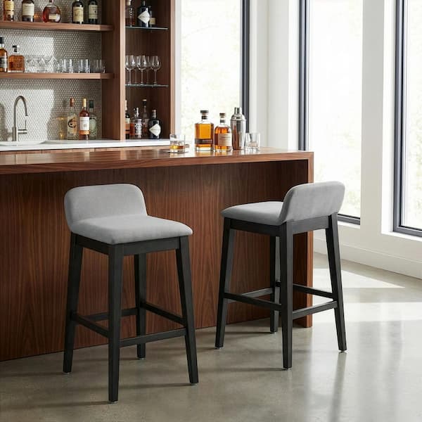 Atia Black Rubberwood Bar Height Barstool with Low Back Fabric Seat (Set of 2)