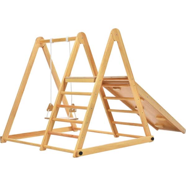 TIRAMISUBEST WFXY297446AAK 4-in-1 Natural Indoor Kids Playset with Climb Ramp, Swing and Slide - 2