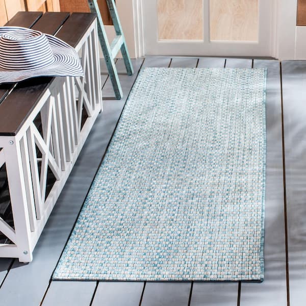 Courtyard Light Blue/Light Gray 2 ft. x 5 ft. Distressed Solid Color Indoor/Outdoor Runner Rug