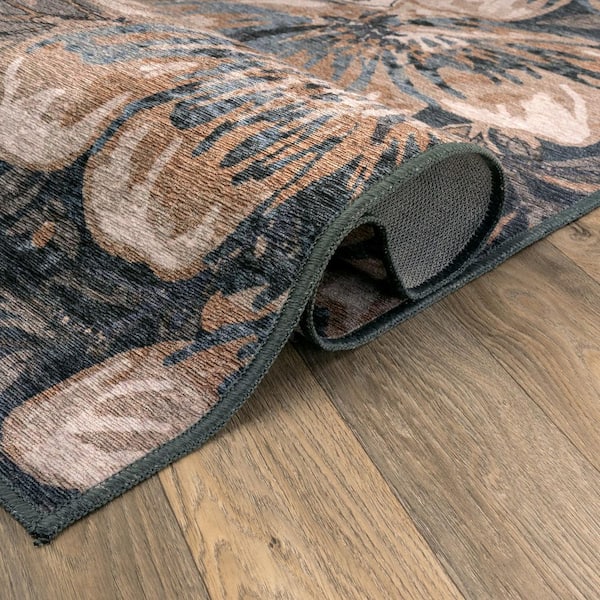 Botanical Bloom Coastal Machine Washable Polyester Non-Slip Backing 6 ft. x 9 ft. Blue Area Rug