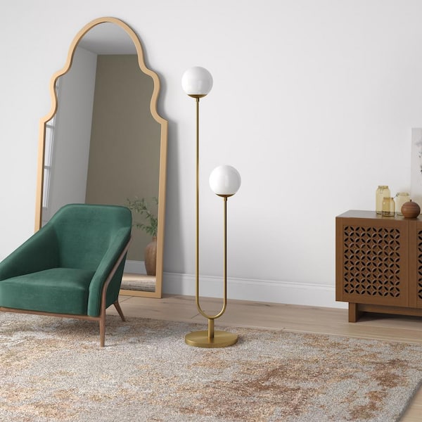 Meyer&Cross Dufrene 2-Light Brass/White Milk Floor Lamp with Glass