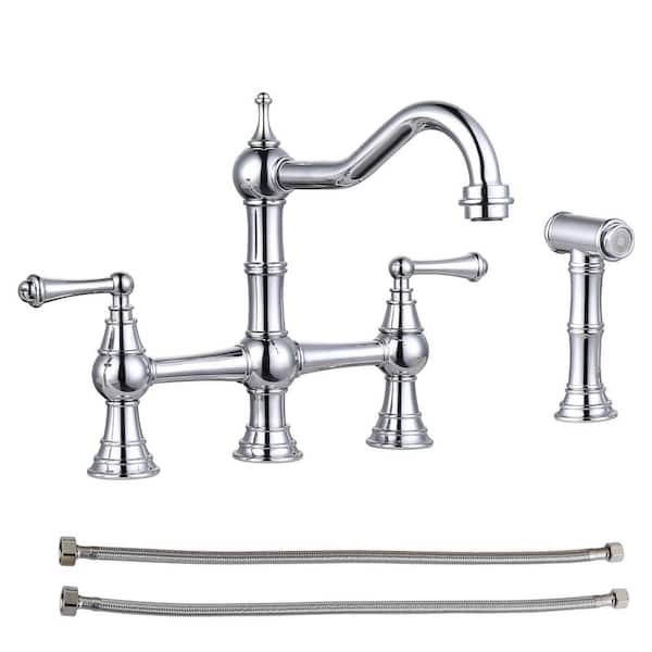 Antique Design Double Handle Bridge Kitchen Faucet with Side Sprayer in Polished Chrome