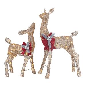 3 ft LED Lighted Gold Deer and Doe with Red Bow