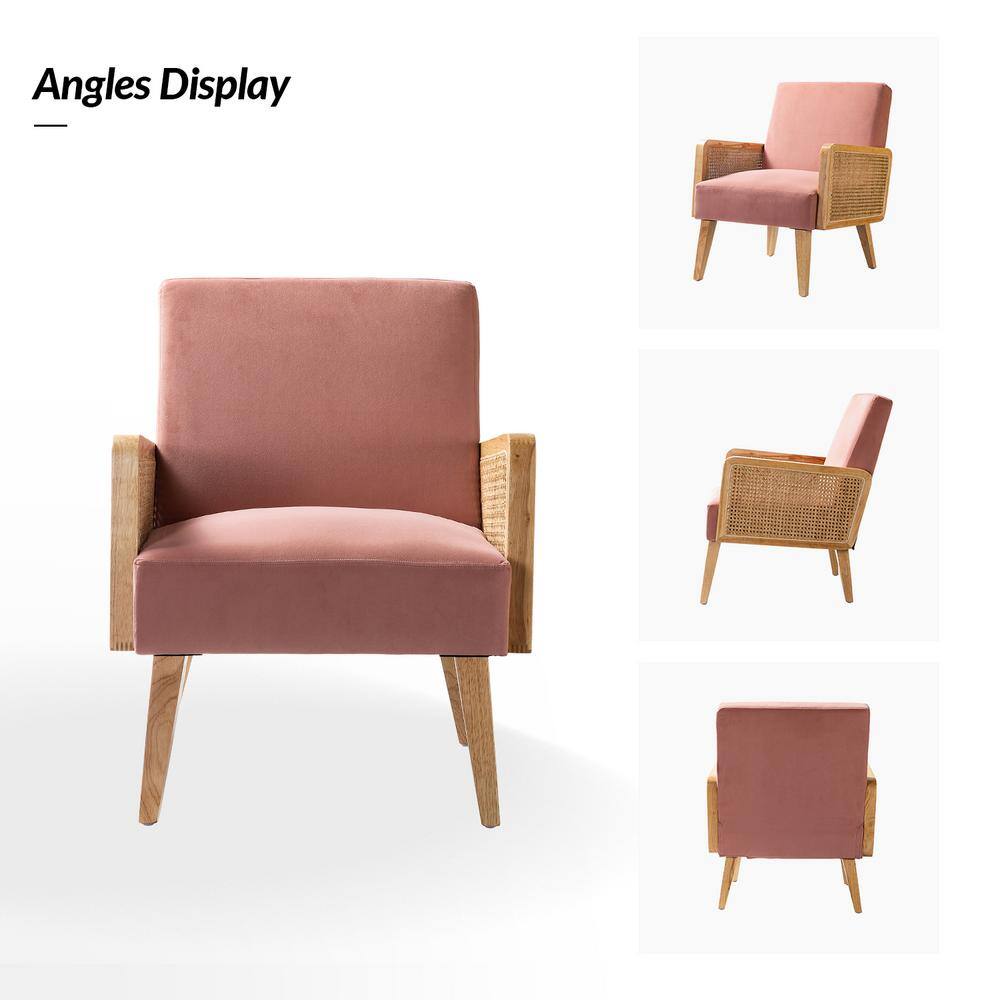Bohemian Blush Velvet Handcrafted Accent Chair with Rattan Armrests