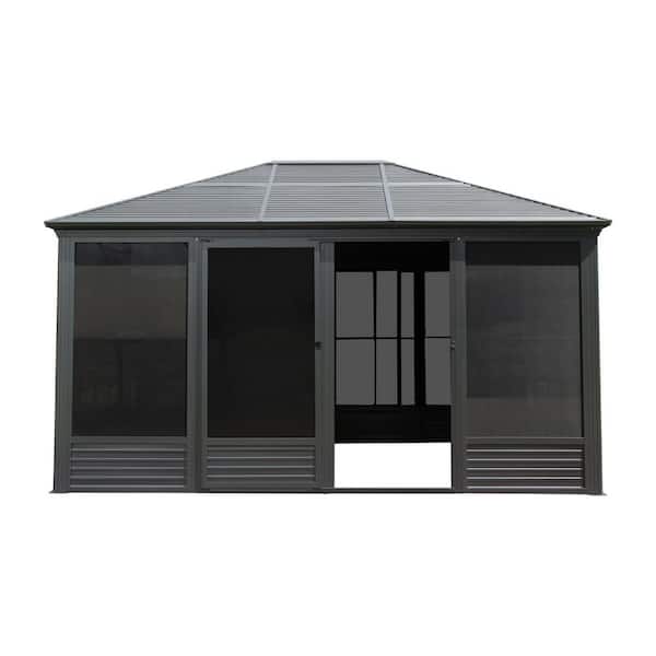 11 ft. x 15 ft. Gray Aluminum Sunroom with Galvanized Steel Roof, Sliding Doors and PVC Screen Walls