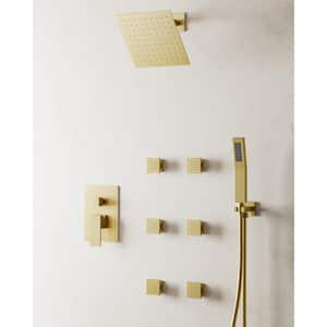 10 in. 3-Spray Wall Mount Dual Shower Head and Handheld Shower with 6-Jets in Brushed Gold (Valve Included)