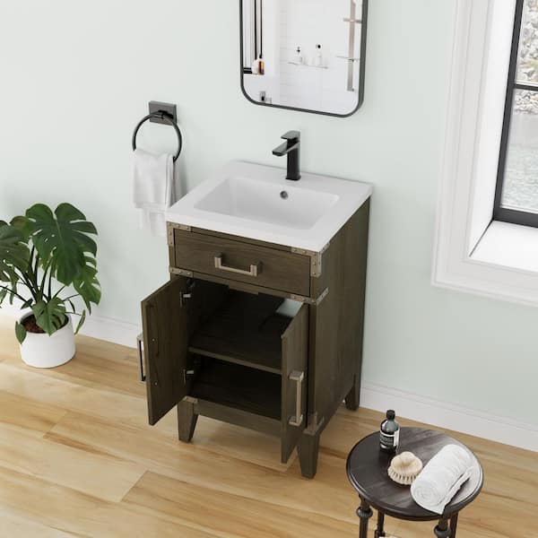 20 in. W Wood Intergral Single Sink Freestanding Gray Vintage Bath Vanity with White Resin Top, Assembled