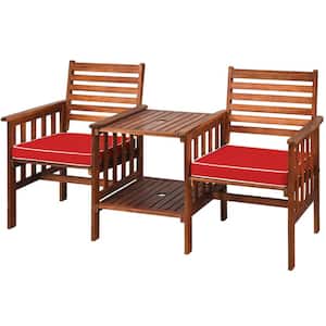 Acacia Wood Loveseat Patio Outdoor Conversation Set w/Table Red Cushion
