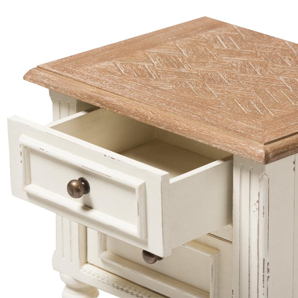 French Provincial White and Oak 2-Drawer Nightstand