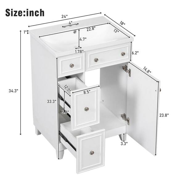 Magic Home 24 in. Freestanding Modular Bathroom Vanity Storage Solid Wood Cabinet with Sink, Adjustable 2 Tiers Shelves, White