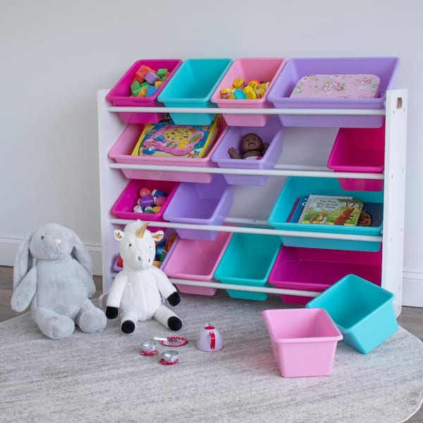 Pastel Super-Sized Kids Toy Storage Organizer 16 Plastic Bins Wood Toy Storage 