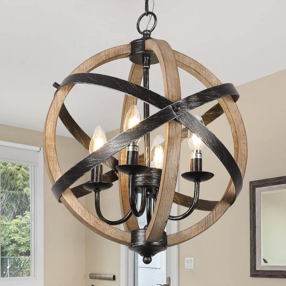 Farmhouse 4 light Distressed Black Wood Grain Open Orb Cage Round Chandelier for Dining Room Bedroom No Bulbs Included price history on PriceWatchPro