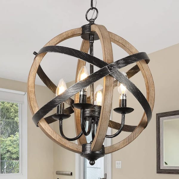 Farmhouse 4 Light Distressed Black Wood Grain Open Orb Cage Round Chandelier for Dining Room Bedroom No Bulbs Included