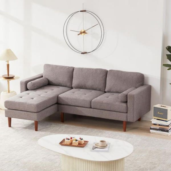 Uixe 80 in. W Modern Rounded Arm 1-Piece Linen L-Shaped Reversible Sleeper Sectional Sofa in Gray with 2-Pillows