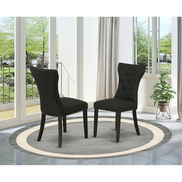 East West Furniture Black, Parsons Dining Chairs - Button Tufted Nailhead Trim Linen Fabric Upholstered Chairs, Set Of 2
