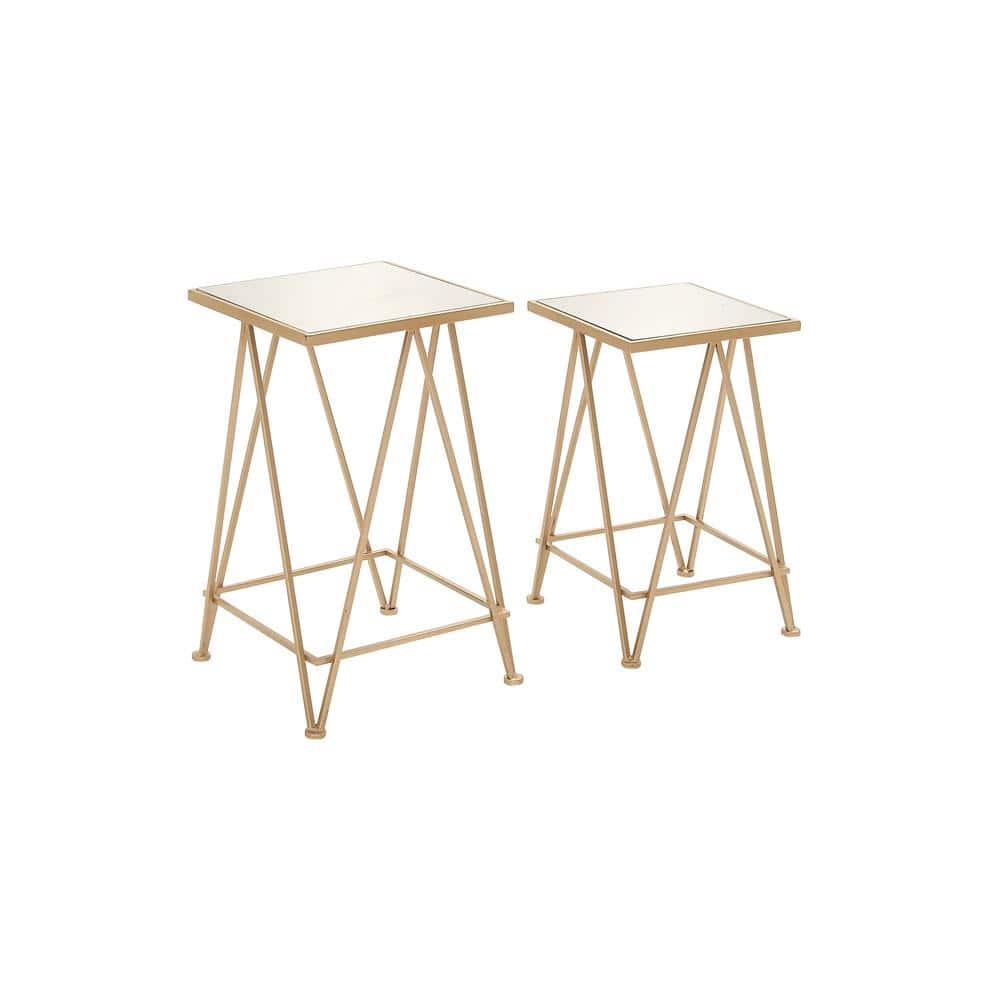 Sleek Gold Metal and Mirrored Glass Square Accent Table Set