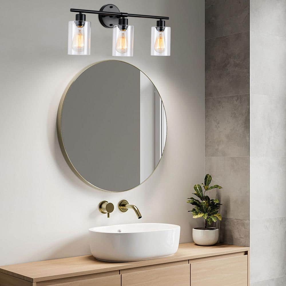 Black Metal 3-Light Vanity with Clear Glass Shades
