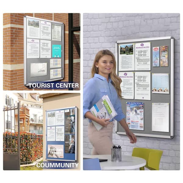 20 in. x 14 in. Outdoor/Indoor Enclosed Bulletin Board Lockable Noticeboard Case with Aluminium Frame, Grey Felt