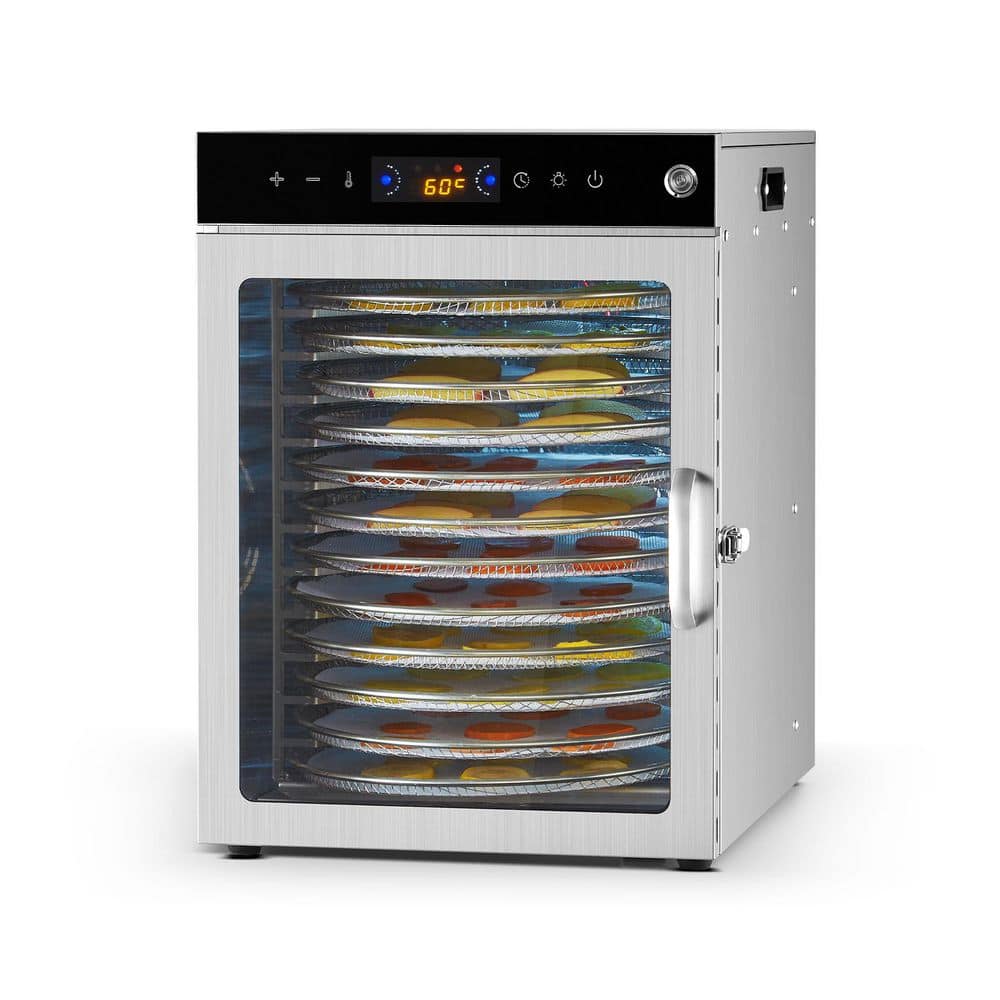 800W Rotary Food Dehydrator, 12-Stainless Steel Trays, Adjustable Temperature & 24-Hour Timer, Electric Dryer in Silver