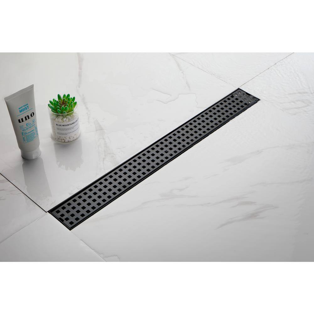 24-Inch Matte Black Stainless Steel Linear Shower Drain with Quadrato Grate