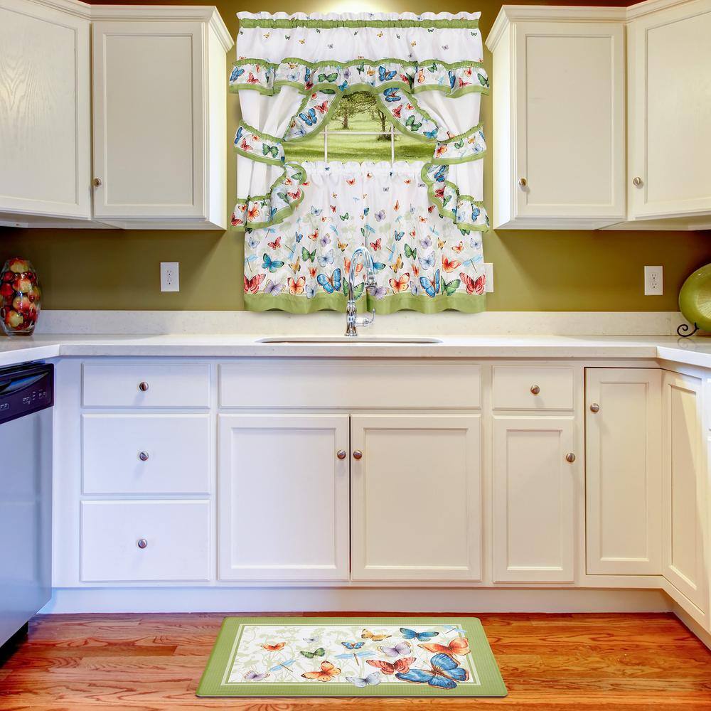 White and Green Butterfly Print Polyester Kitchen Tier Curtains